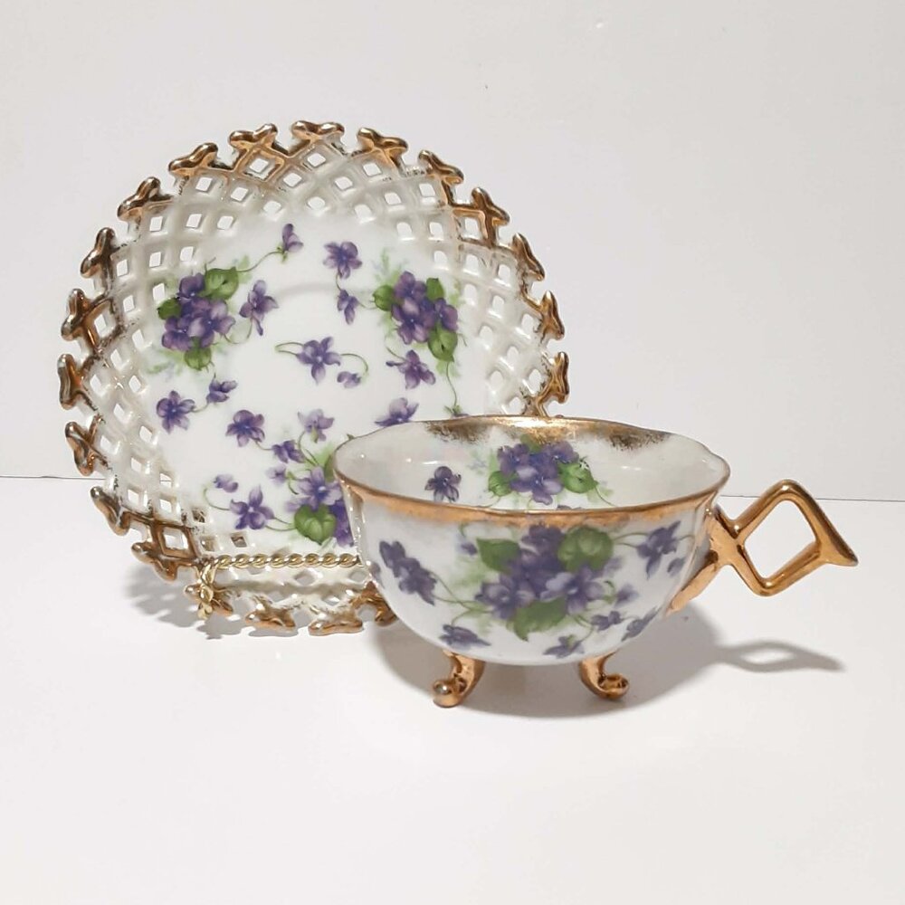 Vintage 3 Footed Teacup & Lattice Rim Saucer - Purple Violets -  Shafford Japan
